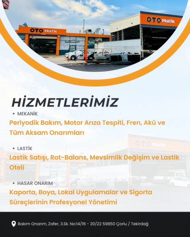 Aracınız için ihtiyacınız olan tüm hizmetler Otopratik Çaykara Çorlu’da! 🚗🔧 🔧 Mekanik bakım ve onarım 🛞 Lastik, rot-...